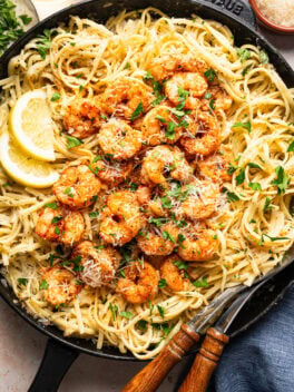 creamy pasta with shrimp in skillet