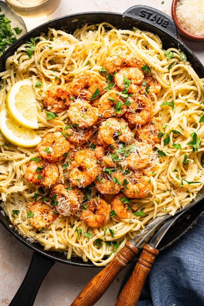 creamy pasta with shrimp in skillet