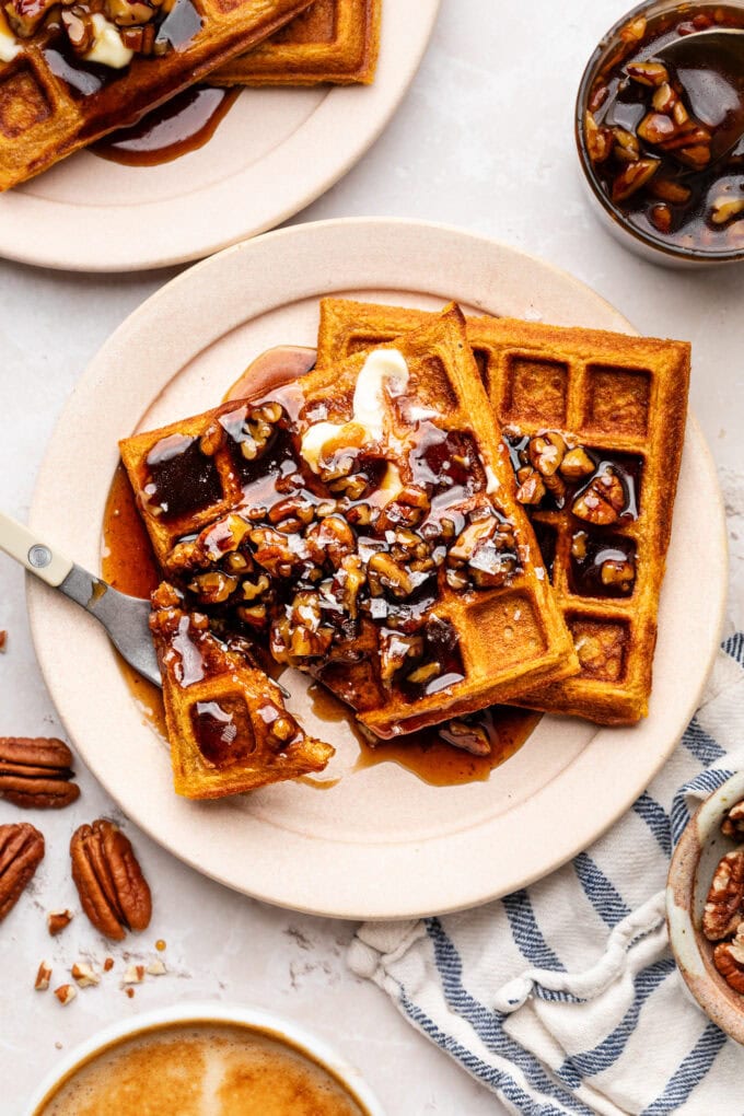 sweet potato waffles with butter pecan syrup